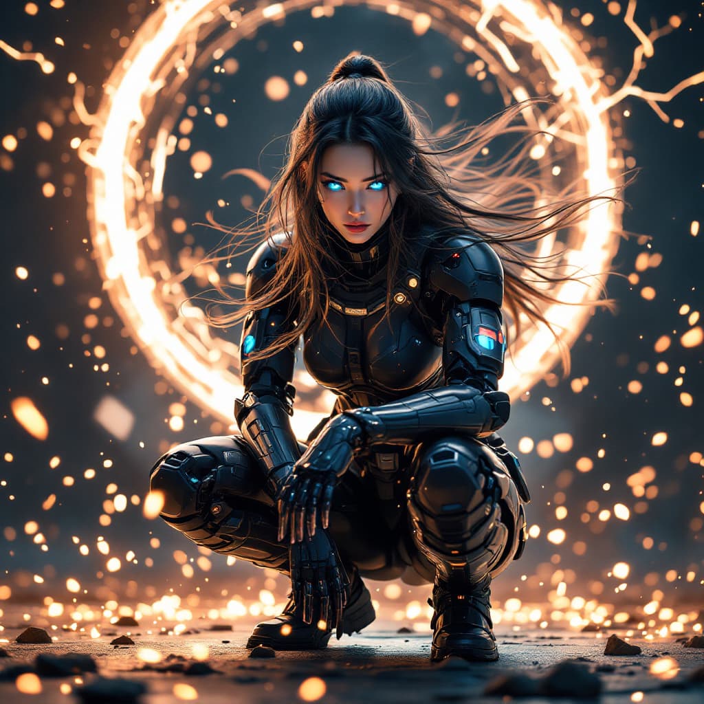 AI generated: In a breathtaking 8K wallpaper, a stunning japanese female android combatant from the future crouche...
