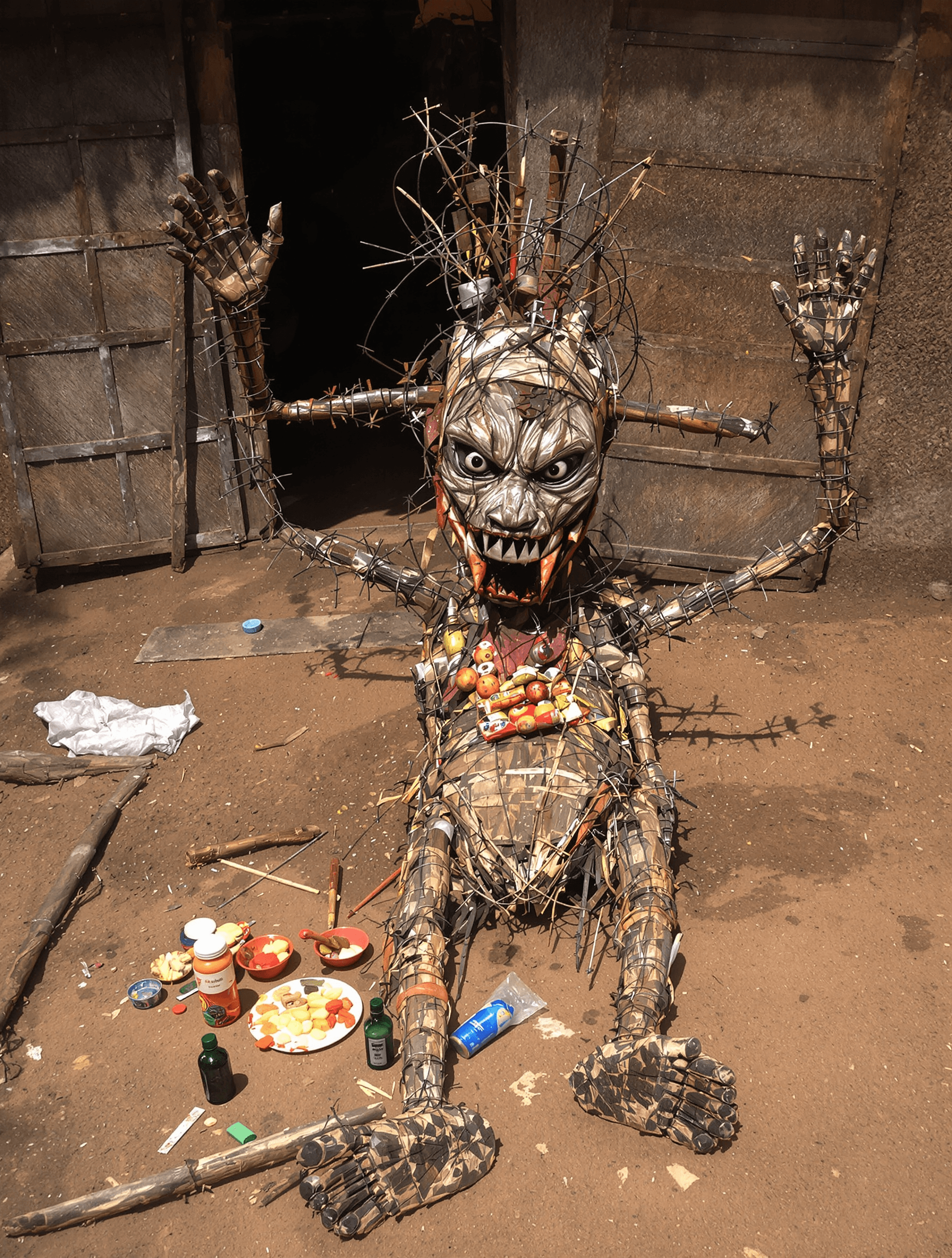 AI generated: create an atmospheric photorealistic image of a figure like an African man but made of wood, rusty m...