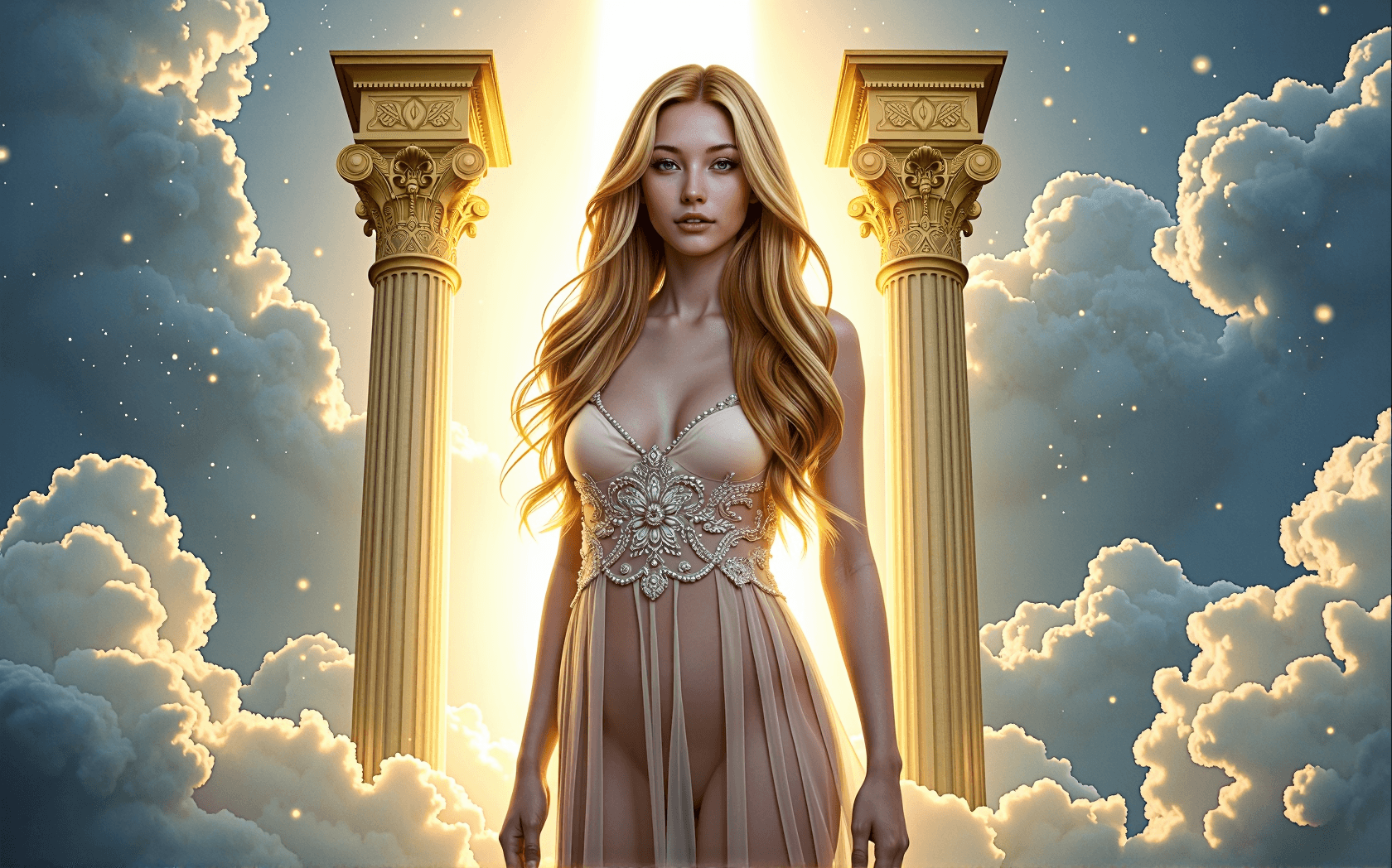 AI generated: A radiant, recognizable young woman stands before the gates of heaven, her long golden hair in soft ...