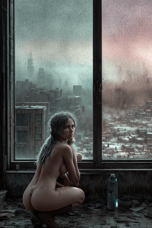 AI generated: a crying naked female, dirty, leaning on a window, freezing, boots, end of the world, epic realistic...