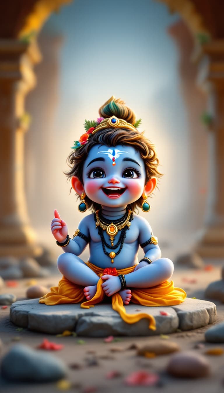 AI generated: Happy image of a cute little Shiva sitting and laughing with cute eyes in side with a trishula and d...