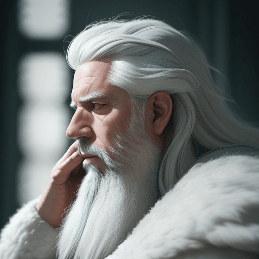 AI generated: king sitting in profile, with a focused look. white hair and beard. Ultrarealistic . Cold tones. Neu...