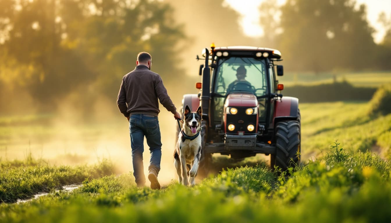 AI generated: a man in farm with tractor and dog help to him