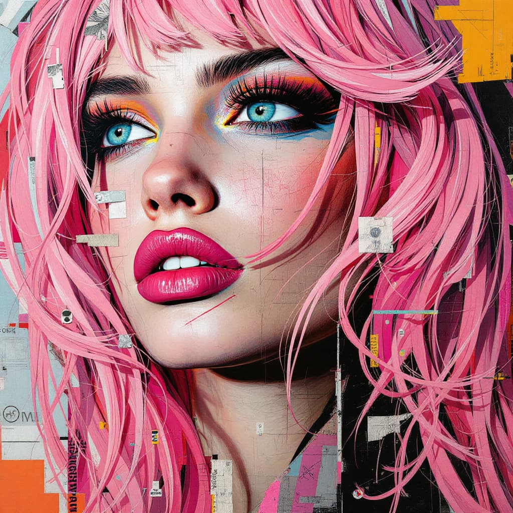 AI generated: woman with pink hair, in the style of multi-layered collages, edgy street art, celebrity-portraits, ...