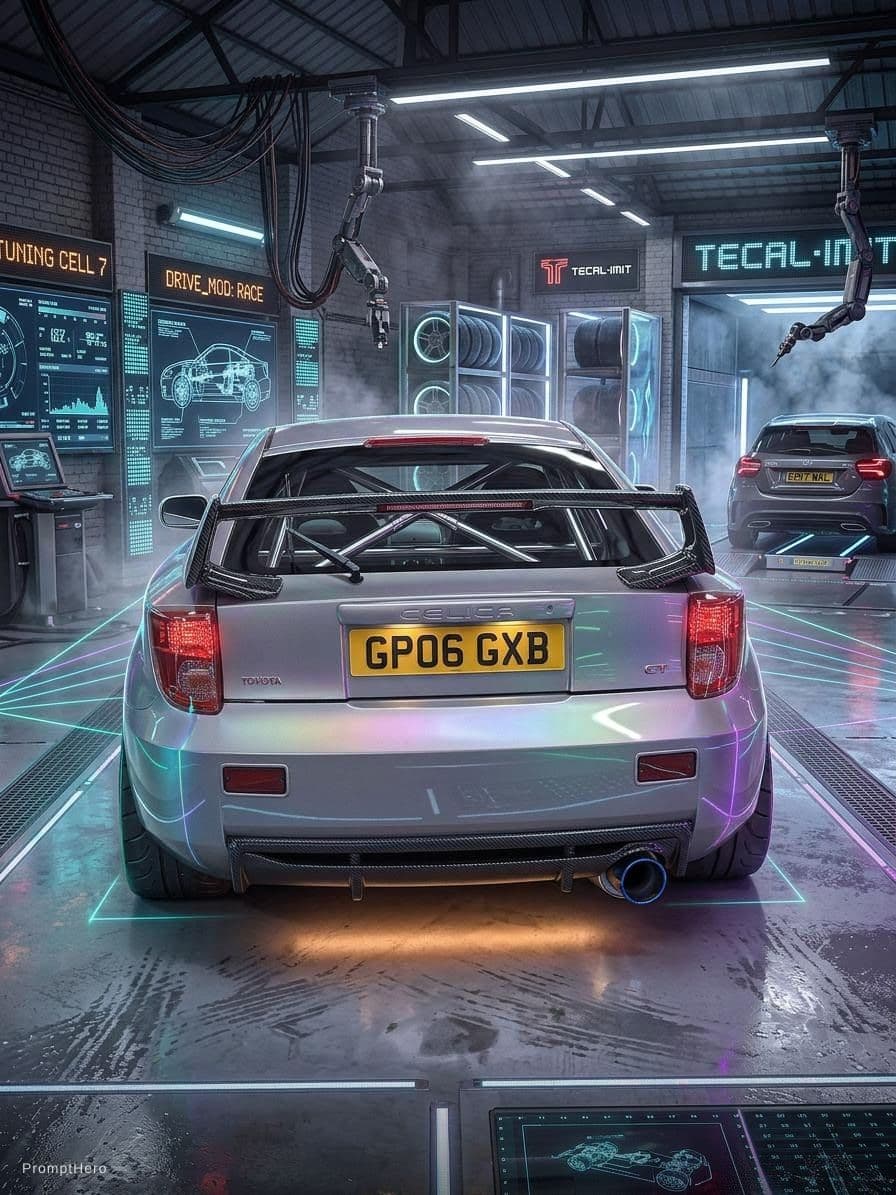 AI generated: An atmospheric, hyper-detailed concept art scene of a tuned silver-grey Toyota Celica GT resting ins...