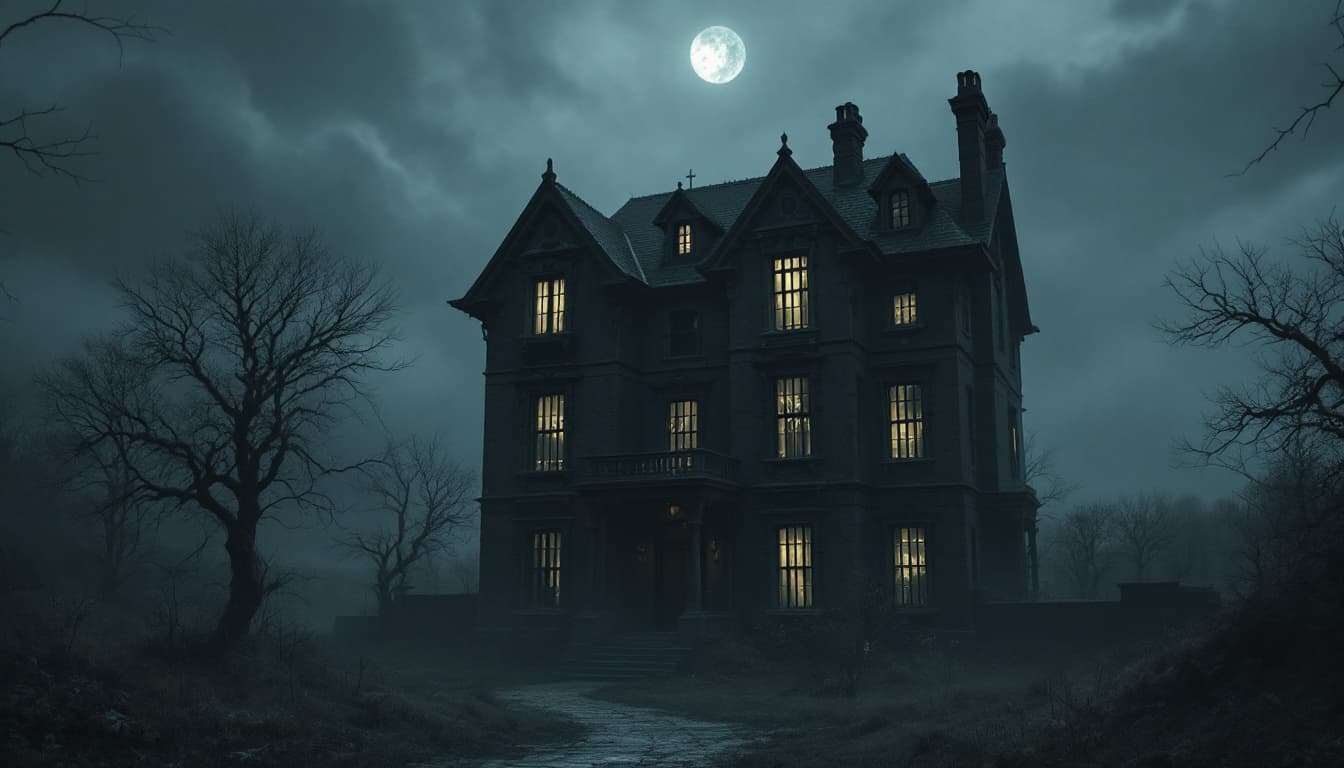 AI generated: scary 6-story mansion, black exterior walls, prison atmosphere, bars on windows, dark gloomy 