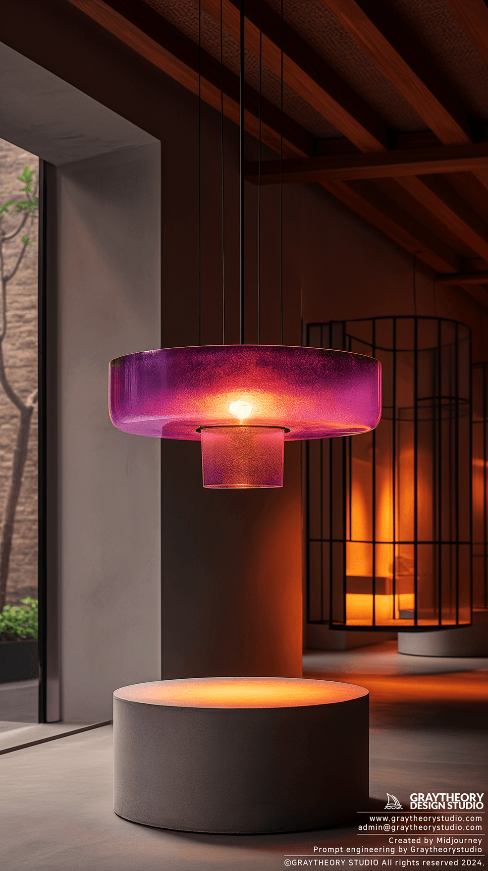 AI generated: Photograph, minimalism pendant light, glossy purple finish, suspended over a cylindrical soild white...