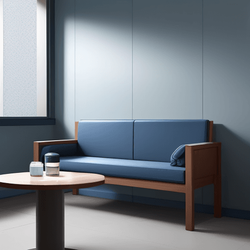 AI generated: Small rest room, in a blue tone, with sofa and bench with coffee and water, simple corporate environ...
