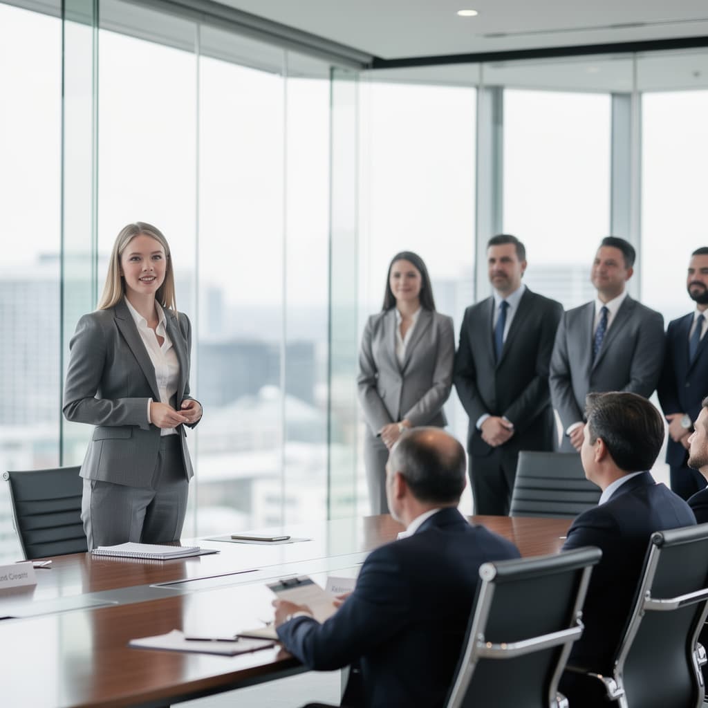 AI generated: The main character is the woman from the image, scene is at a modern meeting room, she is in 30s, lo...
