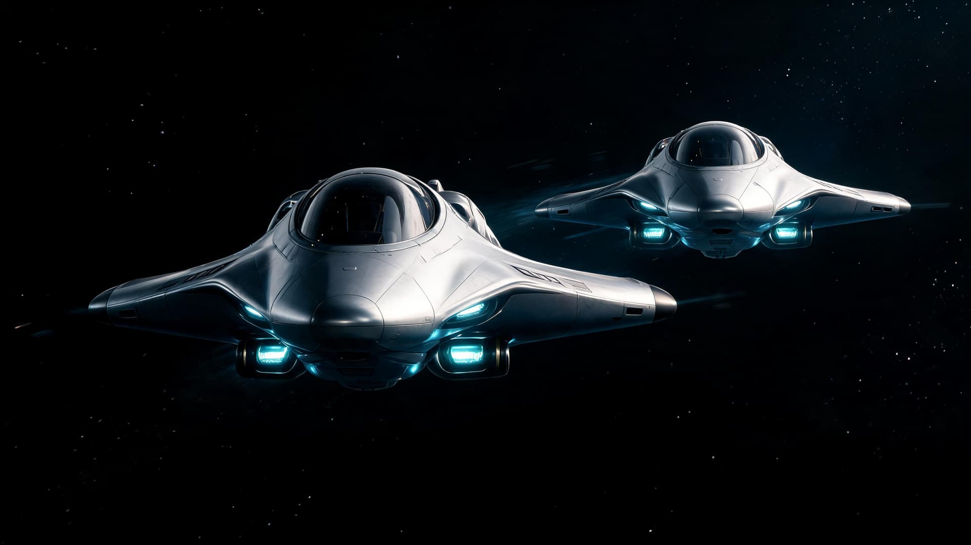 AI generated: Ultra-detailed cinematic frontal view of two sleek alien interceptor crafts flying through deep spac...