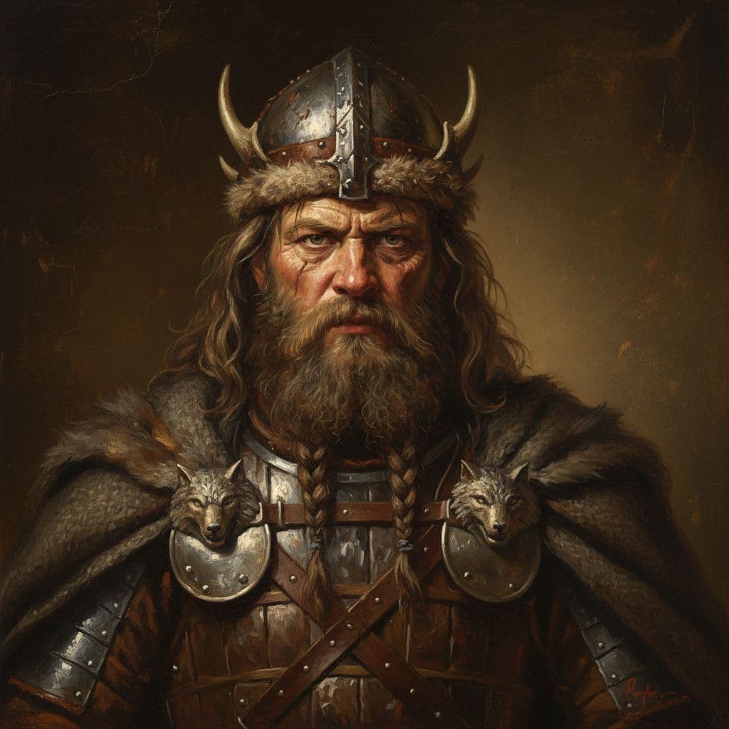 AI generated: A portrait of a viking warrior with side lighting, in the style of Rembrandt.