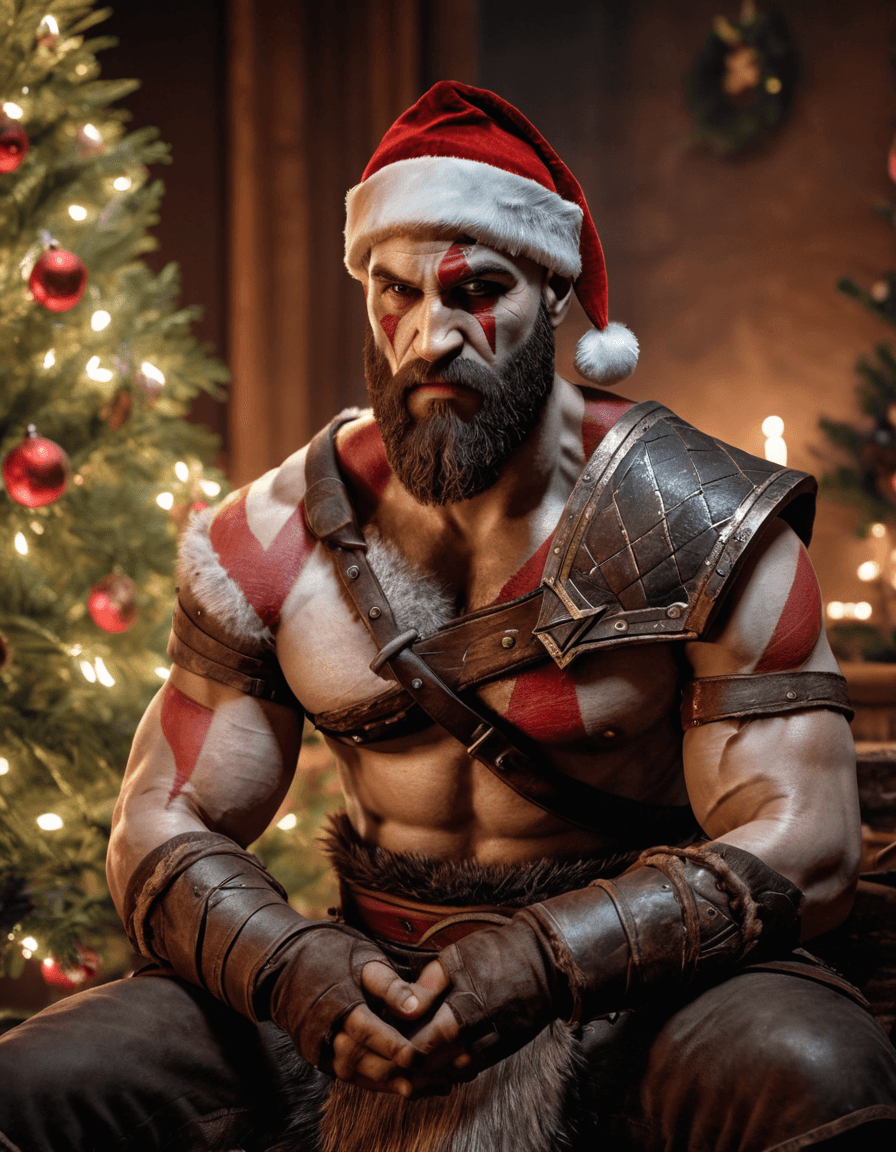 AI generated: kratos from god of war game, sitting in front of a christmas tree, serious look, wearing a christmas...