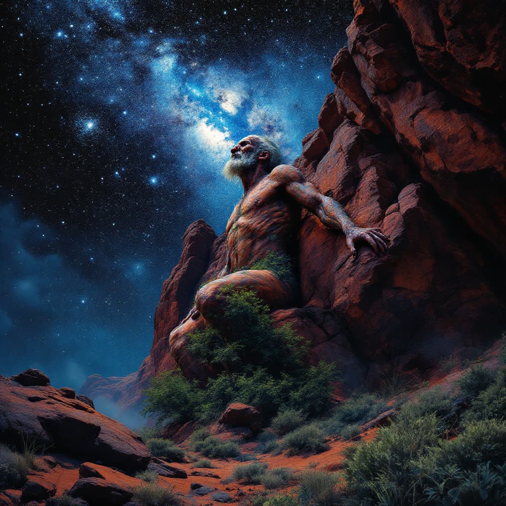 AI generated: uluru, transforming/ morphing into an old man rising to his feet, rock and bushes falling off him, n...