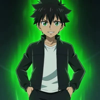 AI generated video: Anime image a boy looking attitude is Aura glowing in green colour