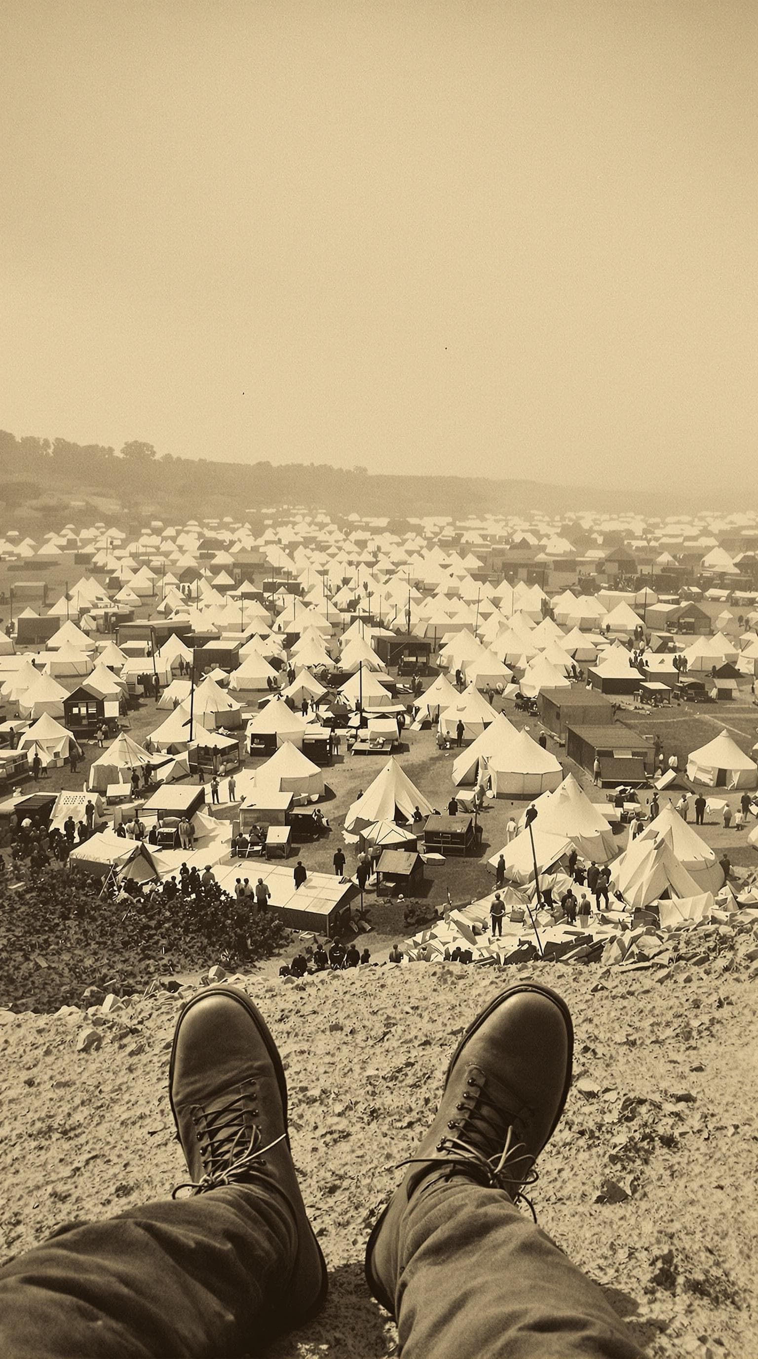 AI generated: first person POV, weary 1849 boots atop dusty hill overlooking sprawling gold rush camp, hundreds of...