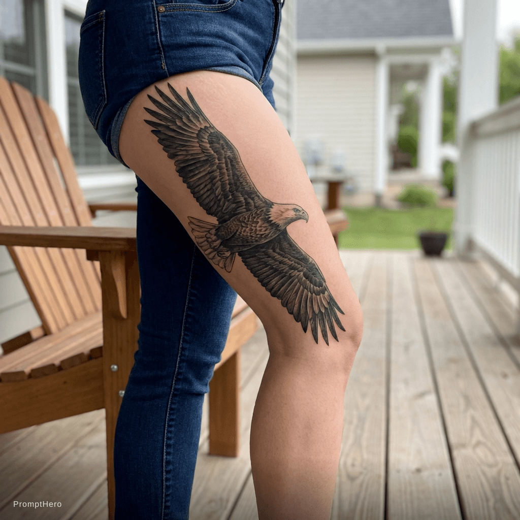 AI generated: a badass eagle on the thigh going down and on hip for female 
