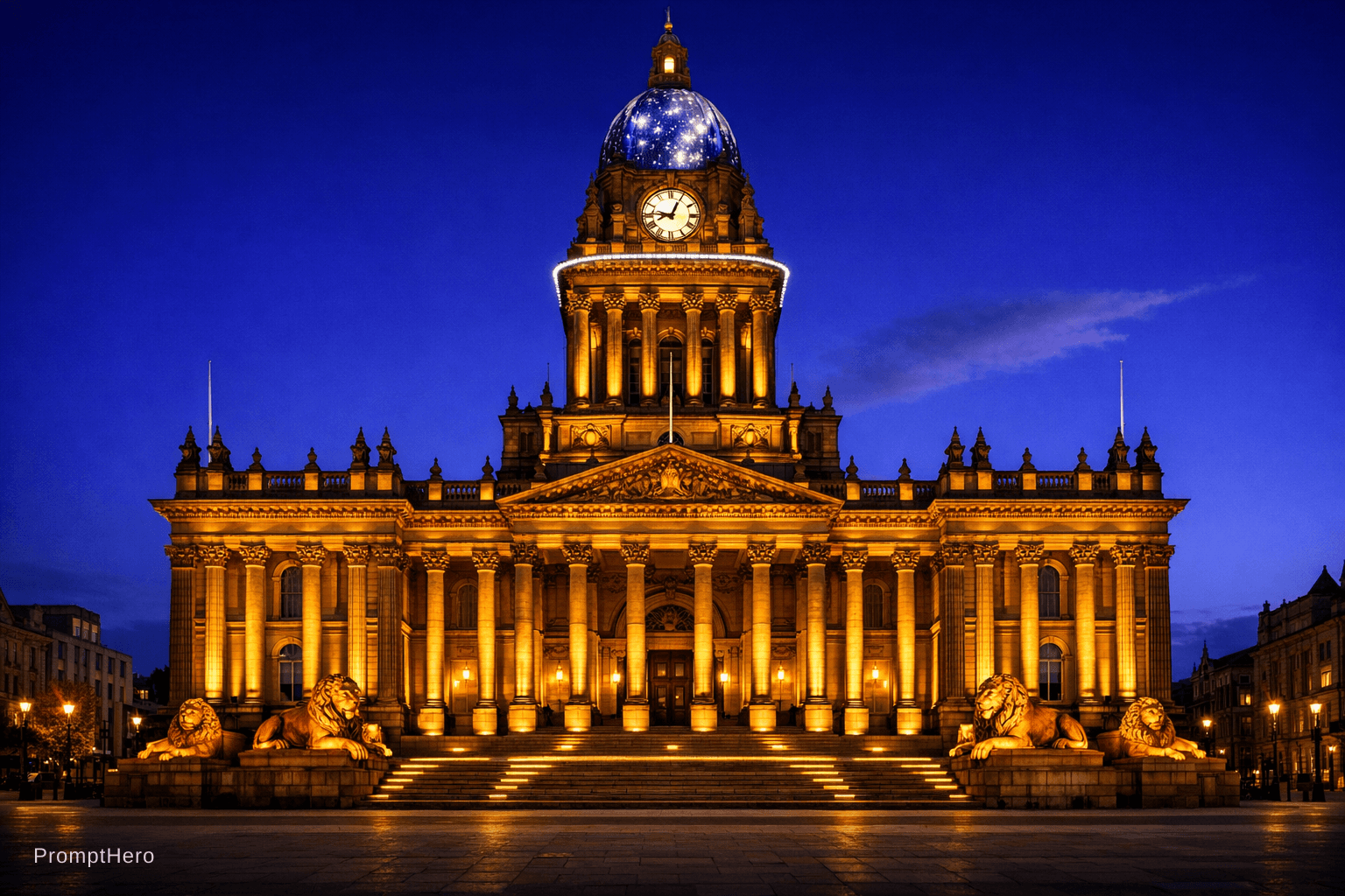 AI generated: A wide, perfectly frontal night photograph of Leeds Town Hall in its full neoclassical glory — the g...