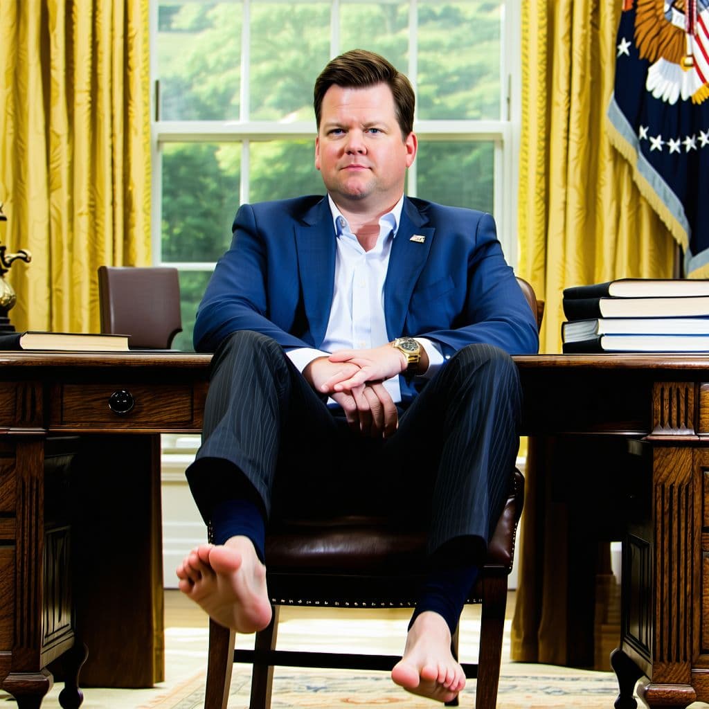 AI generated: JD Vance sitting in the oval office barefoot with feet up on the desk 