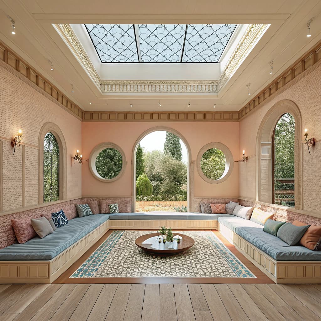 AI generated: High resolution photography interior design, dreamy sunken living room conversation pit, wooden floo...