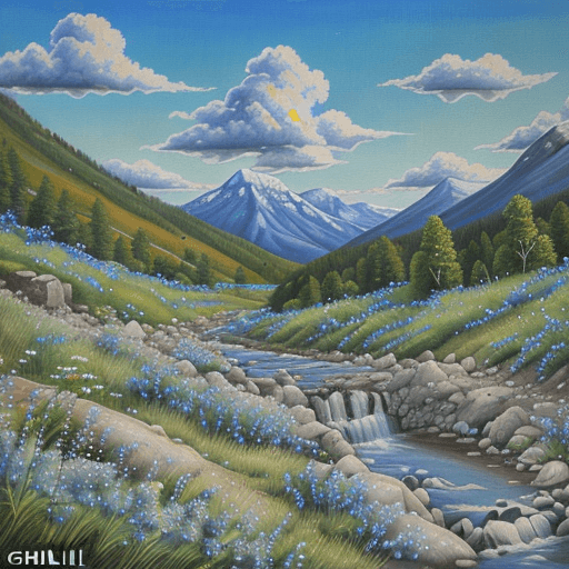 AI generated: painting of a mountain view with a small creek and some blue flowers, the sun is shining and there a...