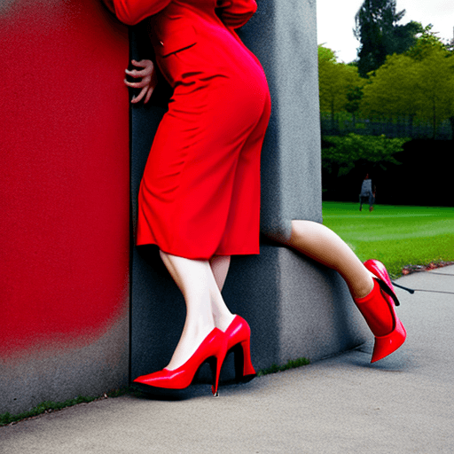 AI generated: A girl leaning on wall in park, wear red one-piece suit and black heels