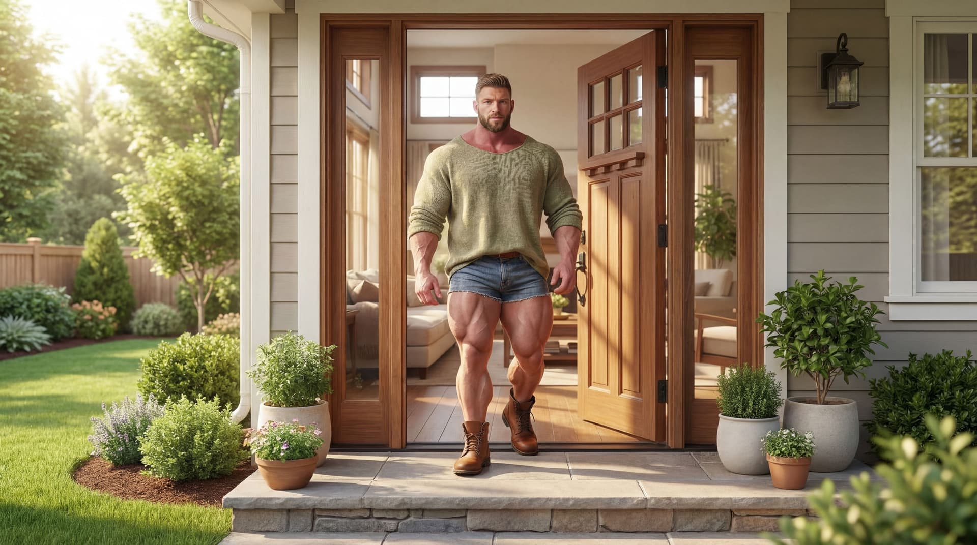 AI generated: the model is walking outside through the main door of the house. He is facing front.