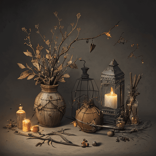 AI generated: Rustic gris-gris bag,  magic symbols on it, ochre yellowish in color, tied with thorns, scene includ...