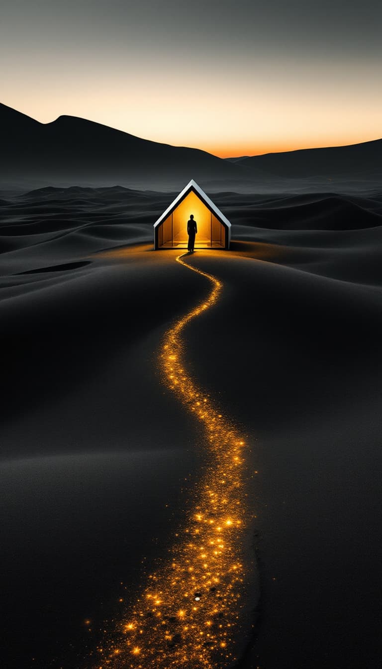AI generated: Photography, symmetrical asymmetry, a small shelter, one people, elegant aluminium enveloppe, black ...