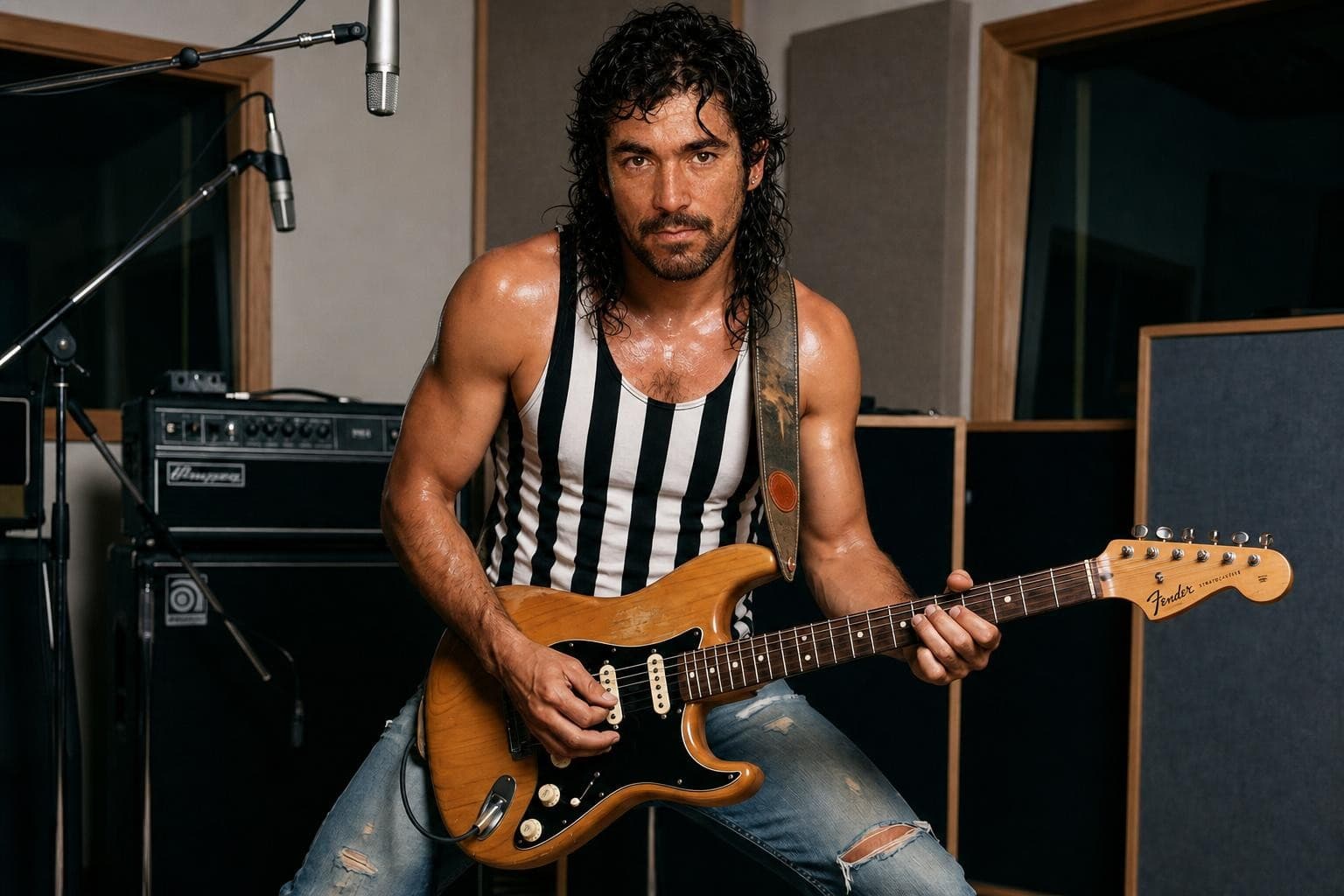 AI generated: Rock guitar player poses for a photo while in the recording studio session. Use @image1 as the main ...