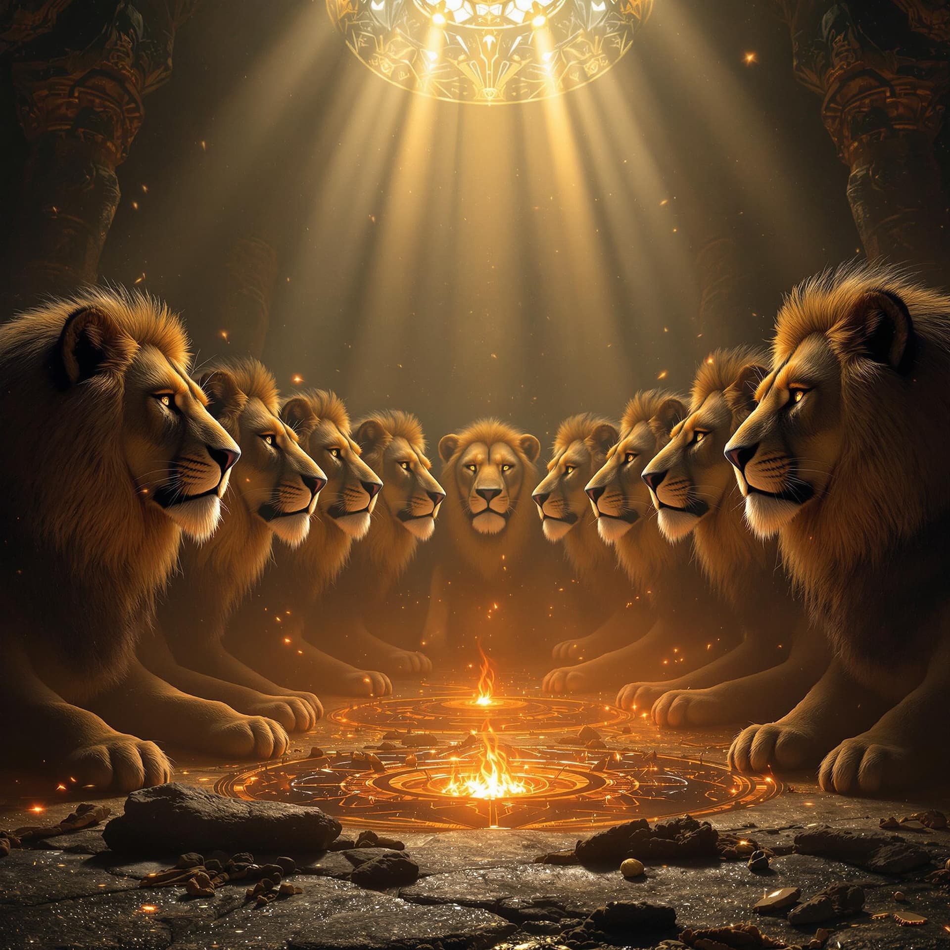 AI generated: imagine prompt: maximalist Daniel in the Lions Den - Briton Riviere, 7 lions where face of each one ...