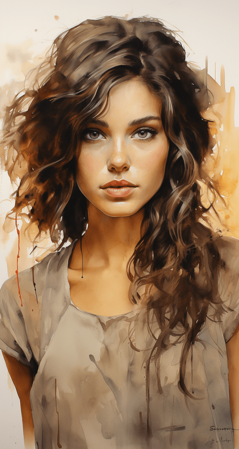 AI generated: a beautiful brown-haired woman, brown eyes, delicate washes , impressionist lightness, crisp and cle...