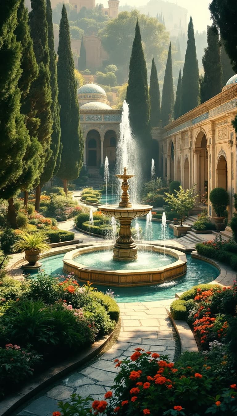 AI generated: A beautiful and historical Persian garden in the 1950s to 1970s, reflecting the elegance of the Pahl...