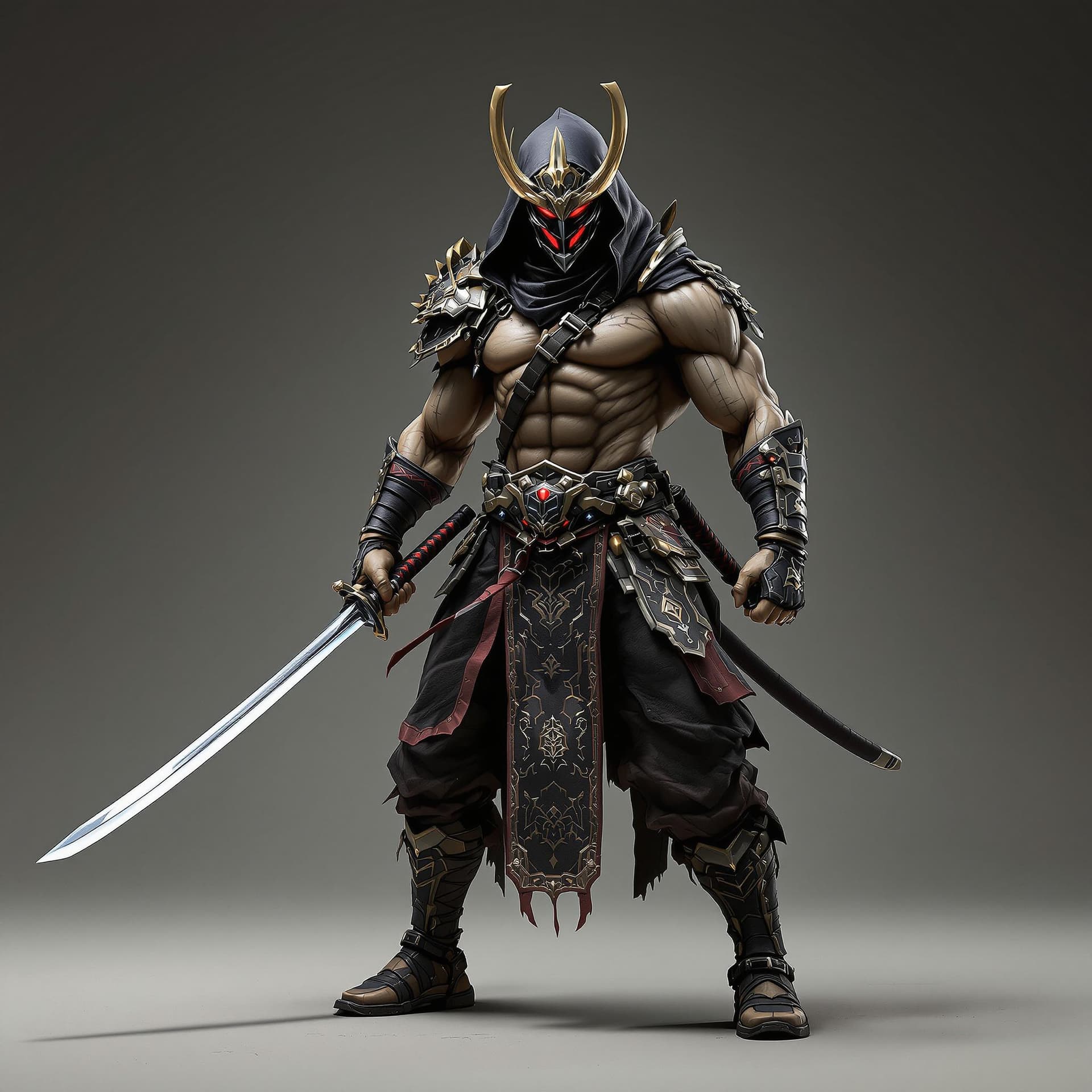 AI generated: Mighty japan muscle warrior with double katana swords with rjb lights and hood 