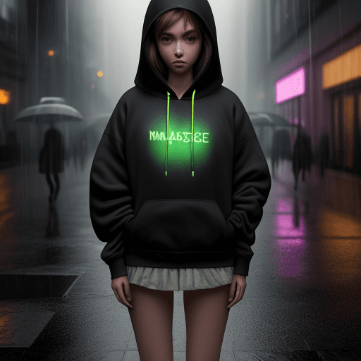 AI generated: masterpiece, girl alone, solo, incredibly absurd, hoodie, headphones, street, outdoor, rain, neon,
