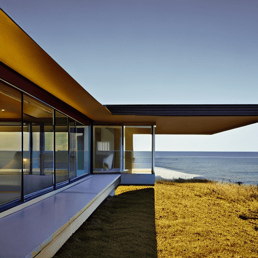 AI generated: Hyper realistic eye level exterior photo of a mid century modern style house overlooking the ocean, ...