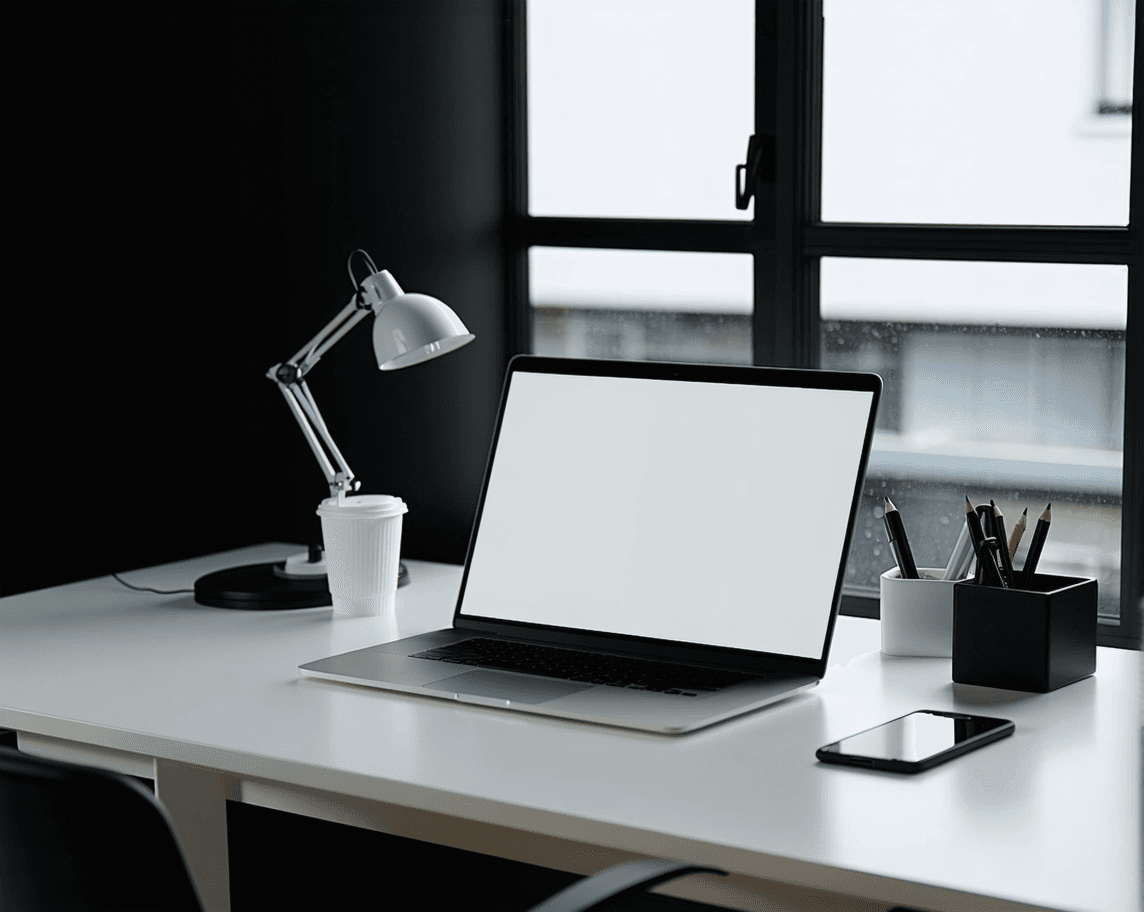 AI generated: A sleek, minimalist office workspace bathed in natural night light, featuring a modern desk setup wi...