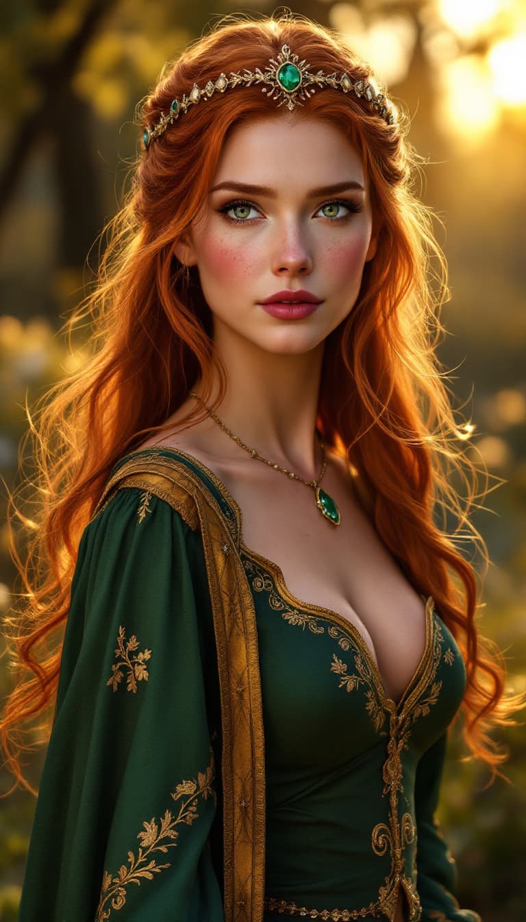 AI generated: Photorealistic portrait of a regal redheaded noblewoman inspired by Princess Fiona; natural beauty w...
