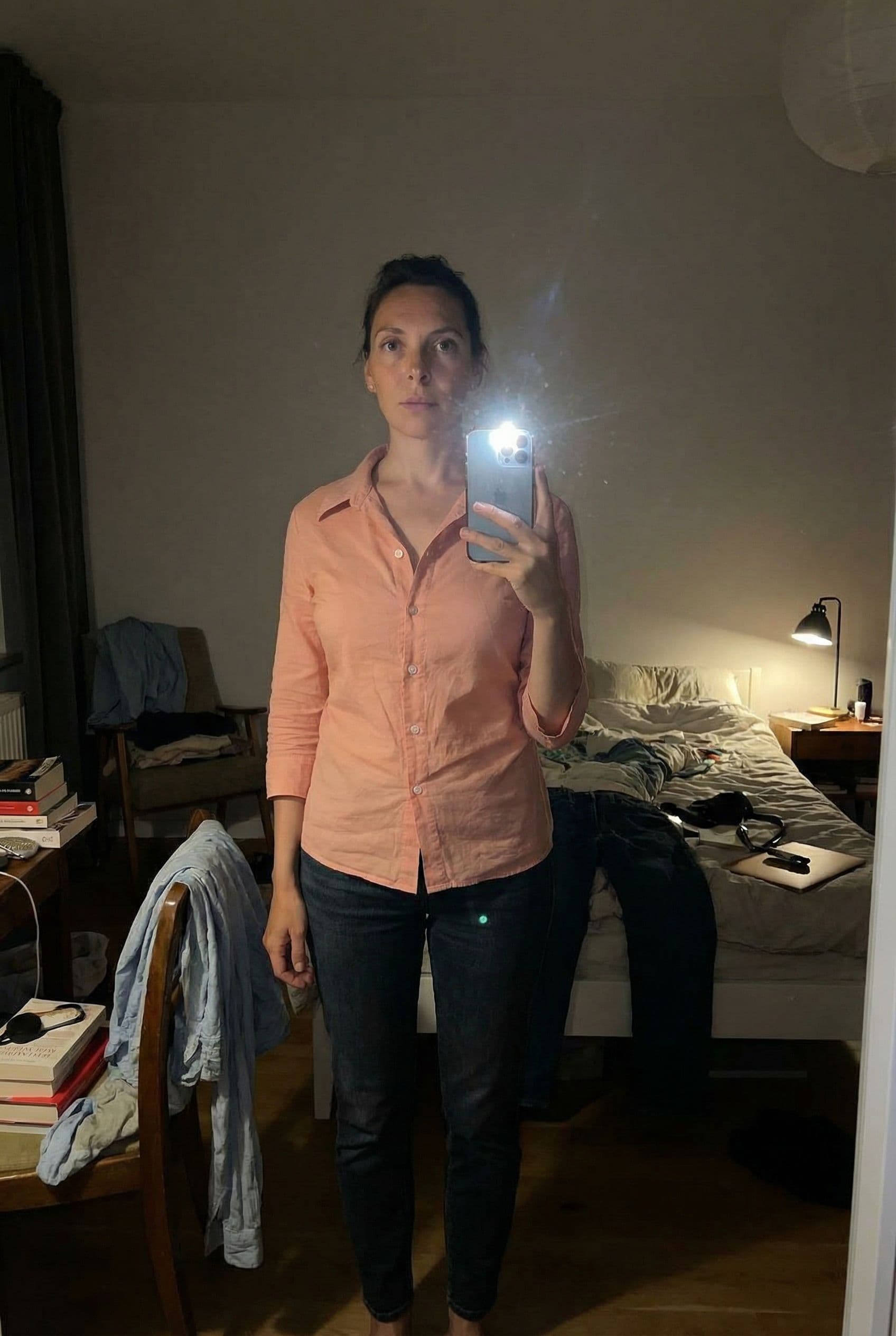 AI generated: Ultra realistic, mirror self shot picture, iPhone 13 Pro, slight camera flash, high quality image, s...