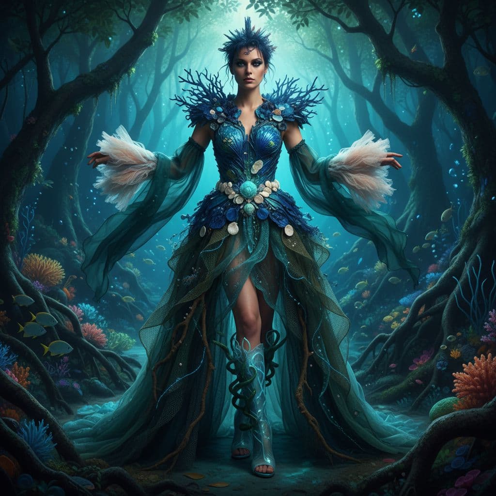 AI generated: An oceanic punk aesthetic fused with forest elements, a fitted bodice crafted from ocean-bound plast...