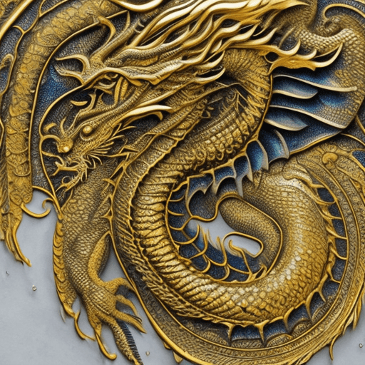 AI generated: A vibrant tattoo of a golden dragon spreads across the expanse of the subject's back. The intricate ...