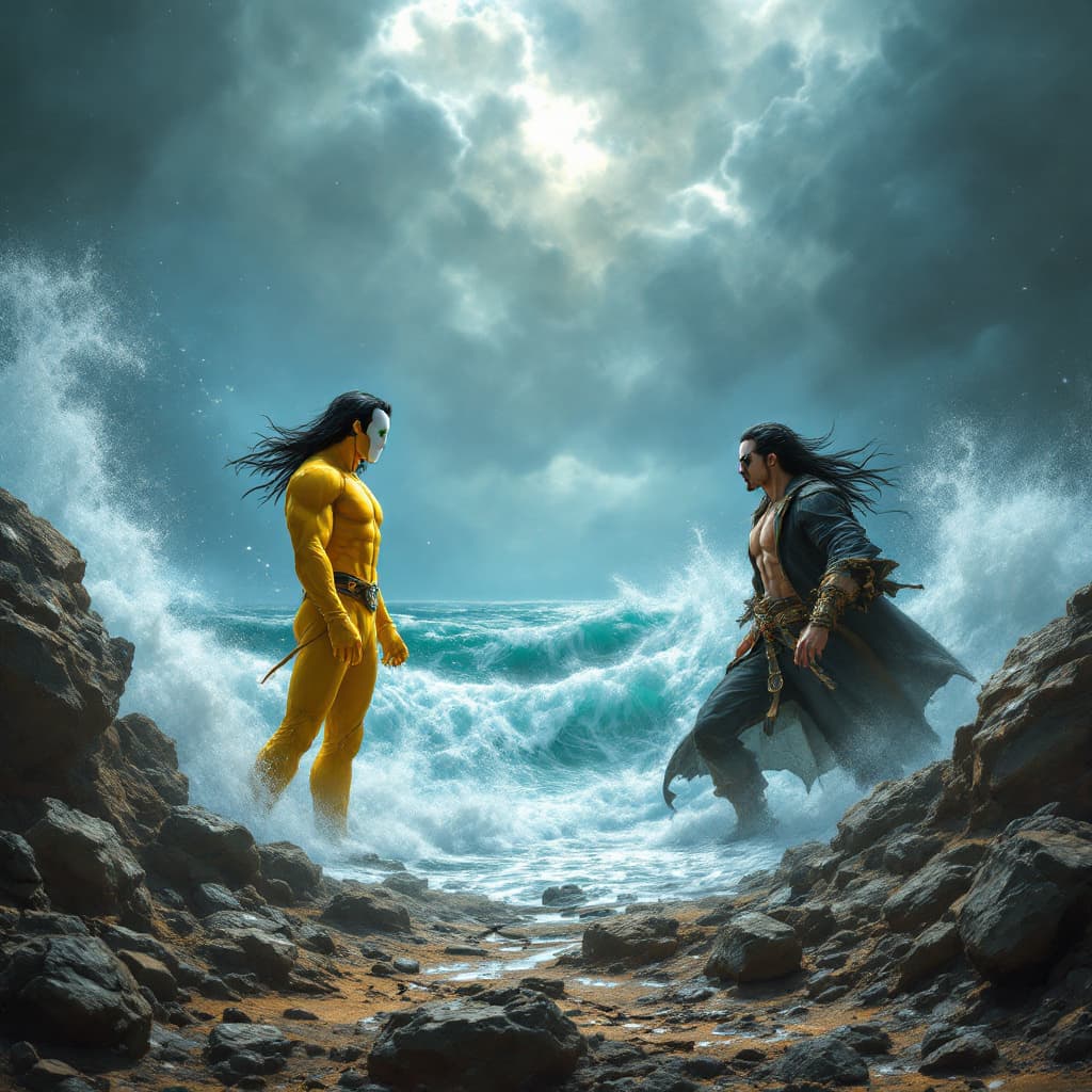 AI generated: The scene is set in the midst of a turbulent ocean, where waves crash violently against the shore. O...