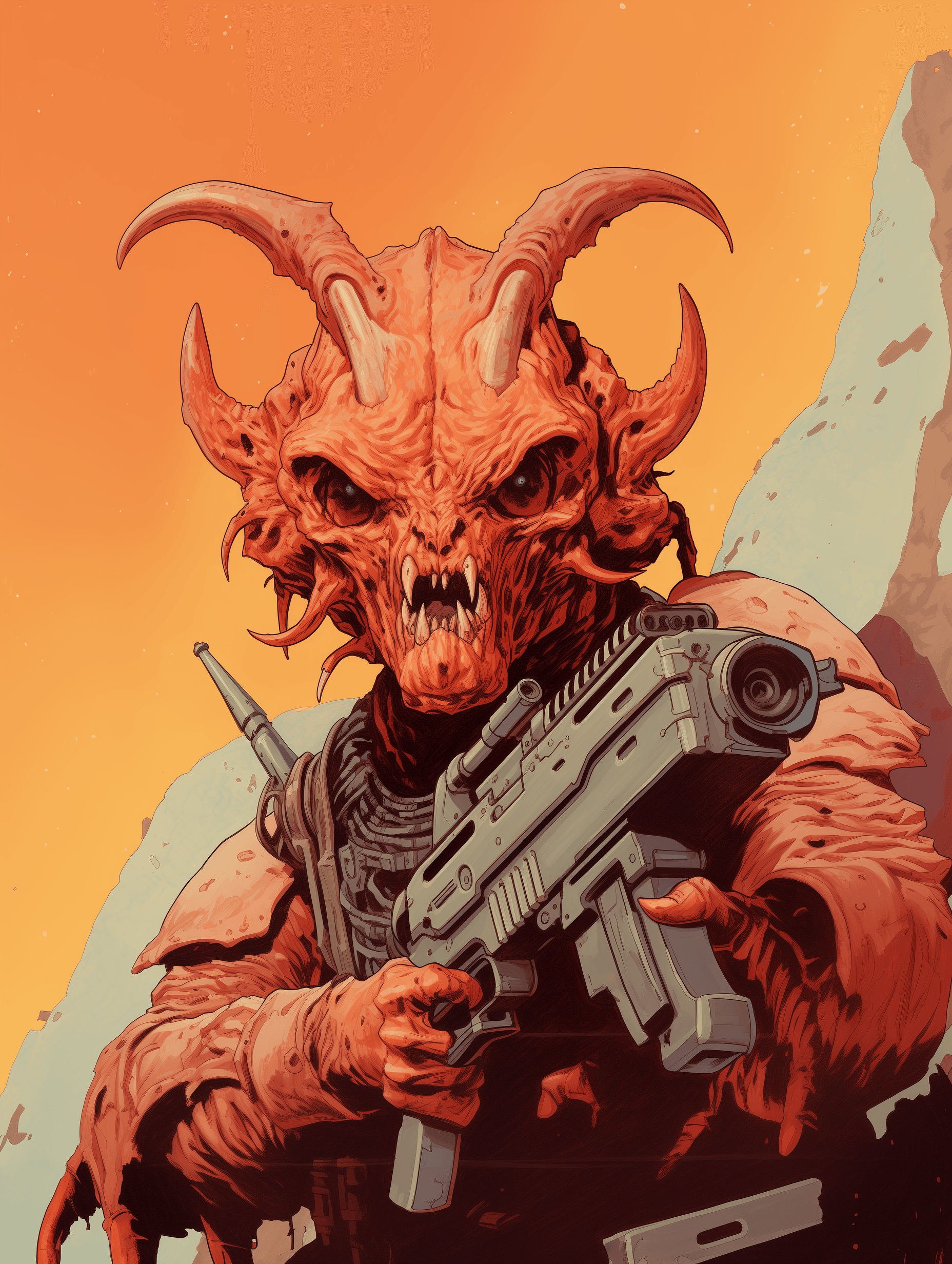 AI generated: A close up of an alien with large teeth and claws shooting from its mouth, in the background is a ho...