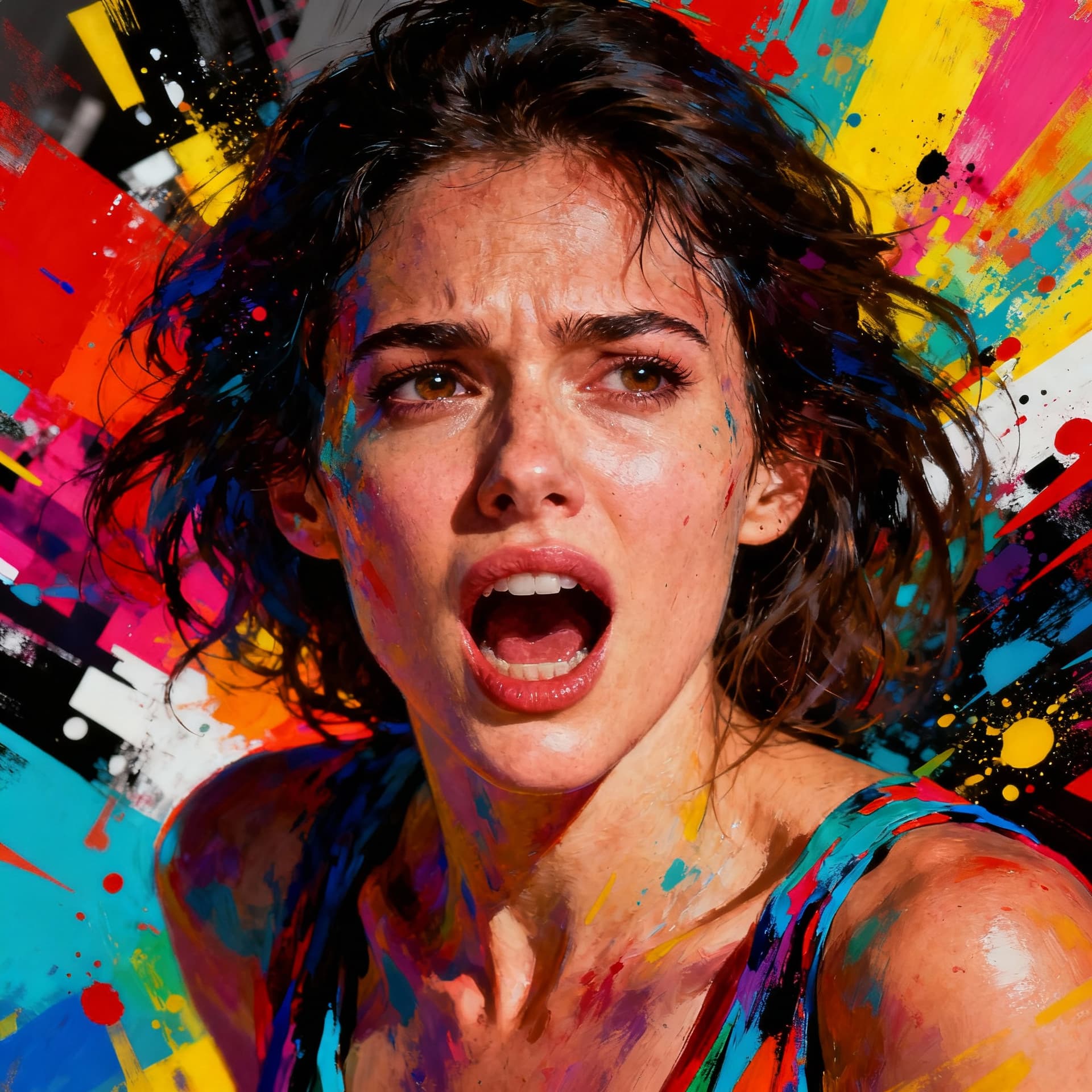 AI generated: woman, colorful realism, intense close-ups --chaos 75 --ar 1:2 --profile rsy6uq9 --stylize 750