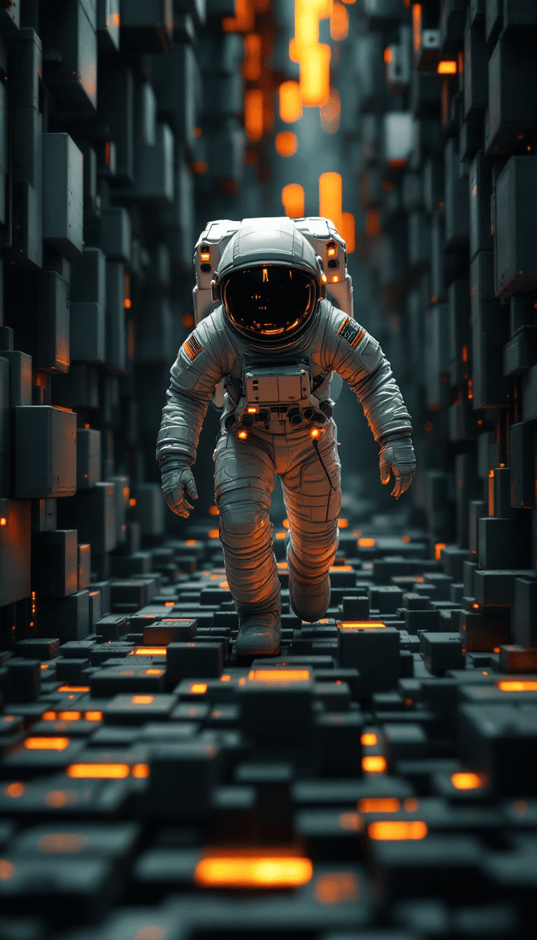 AI generated: wide angle photo of an astronaut:: minimalist space metal basket weaving blocks, in the style of mov...