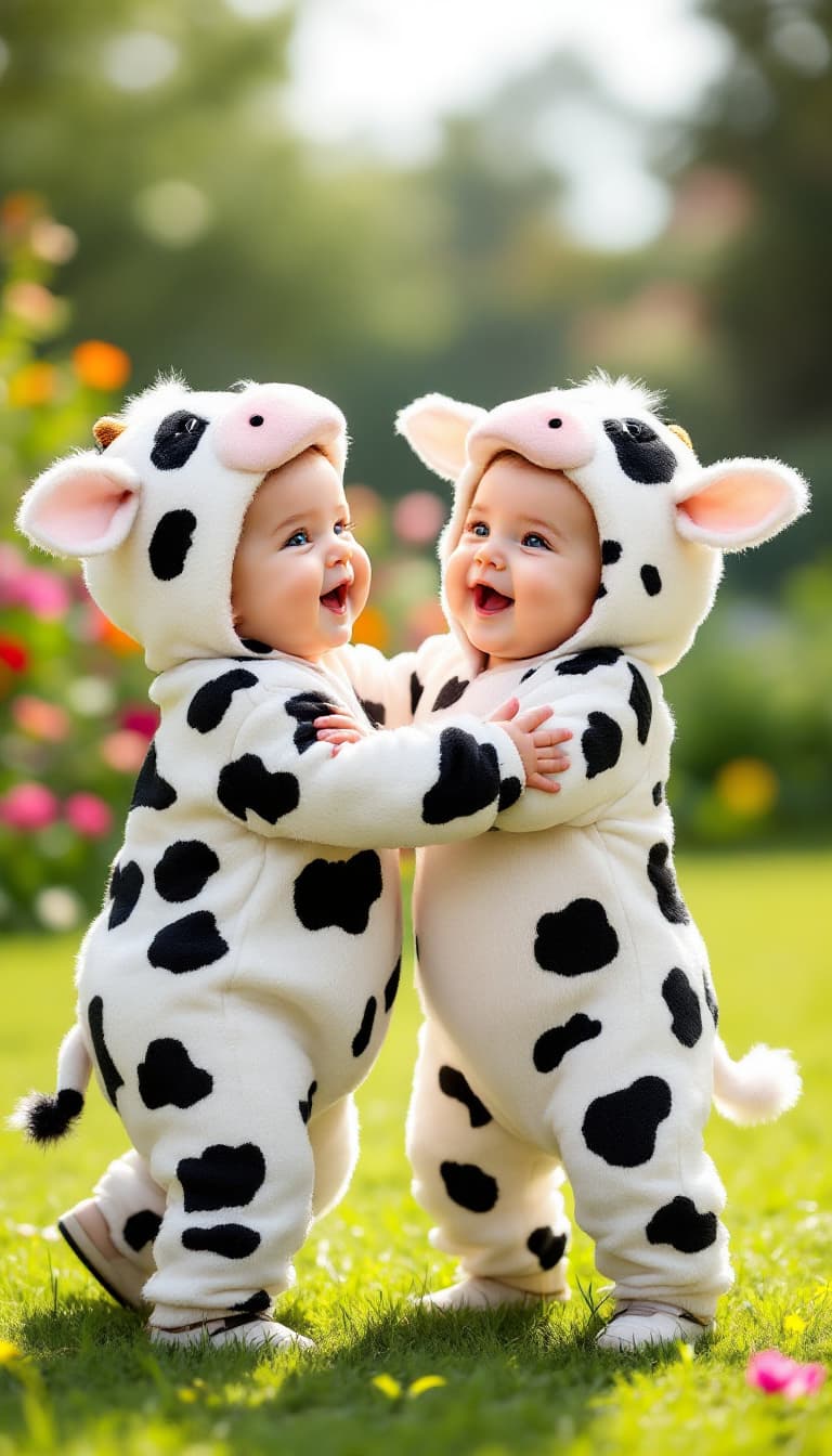 AI generated: A hyper-realistic image of a baby and a baby cow, both the same size; the baby is dressed in an ador...