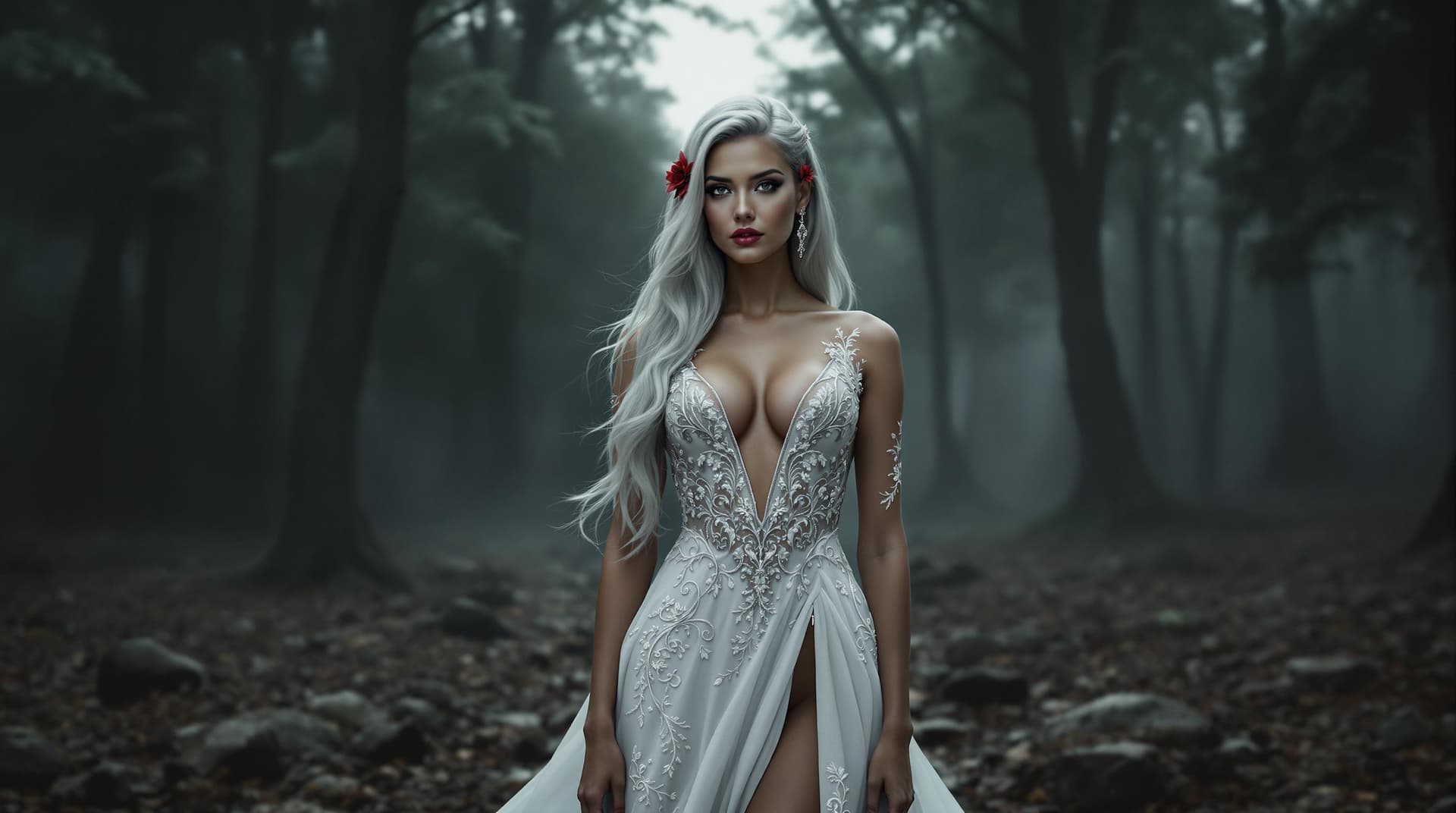 AI generated: In the midst of a dense and misty forest, a striking woman stands tall, her entire figure visible fr...