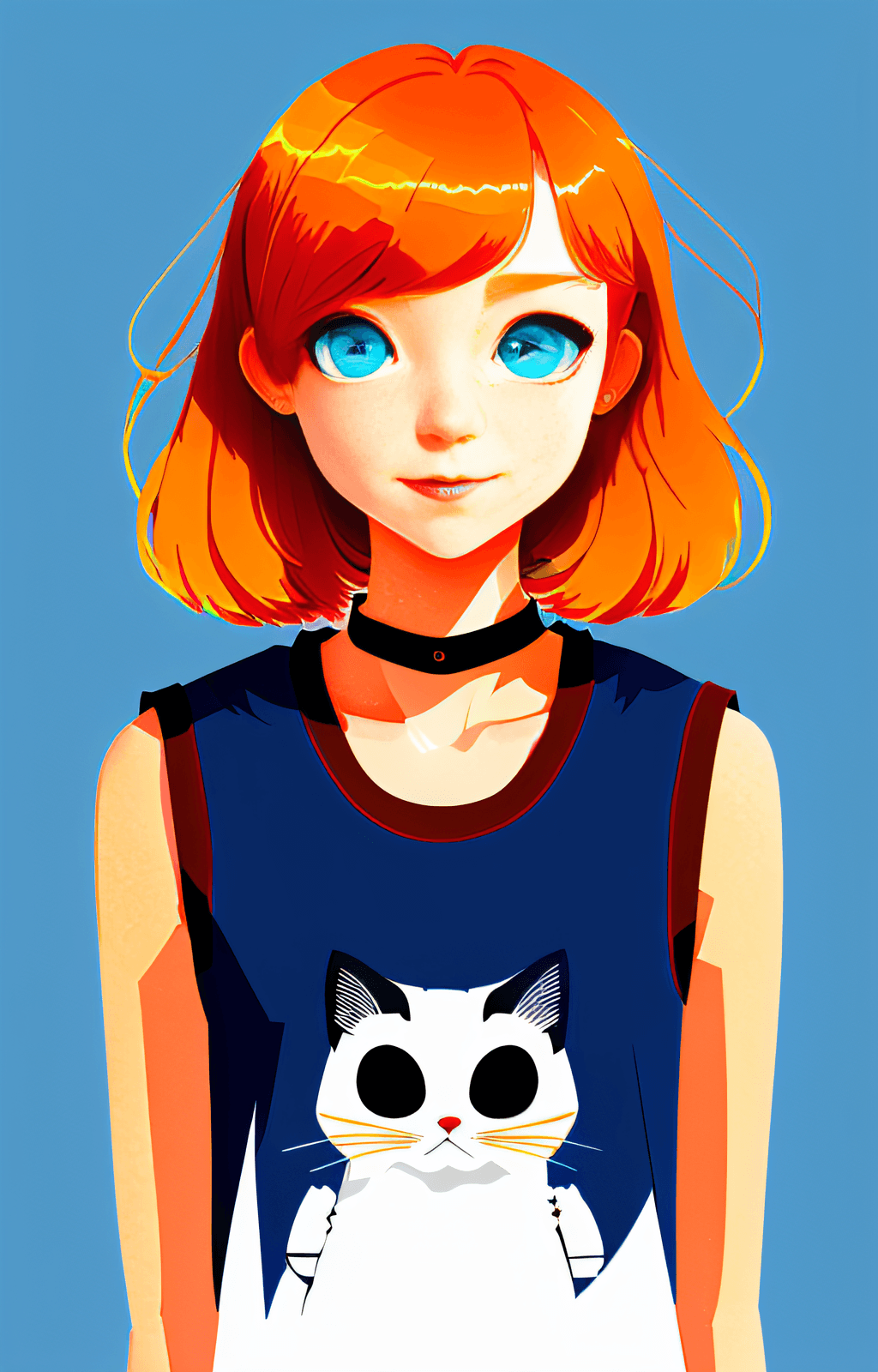 AI generated: 526mix model, high quality 1girl, orange hair, short hair, blue eyes