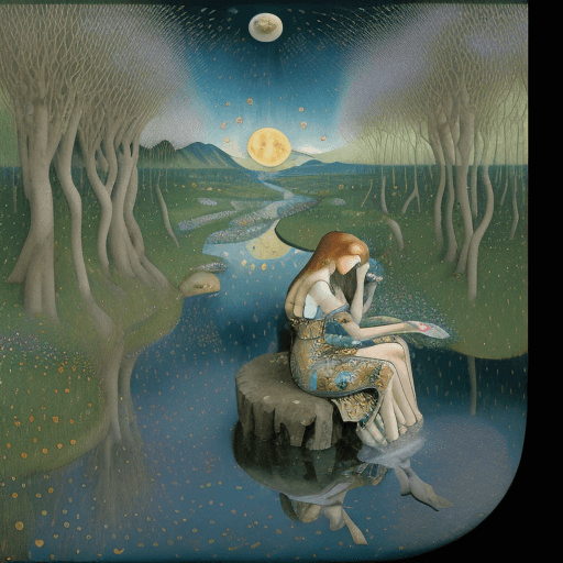 AI generated: ((Bosch)), Klimt and ((Bruegel)) style. Perfect profile  beautiful  sit down full body with a ((shor...