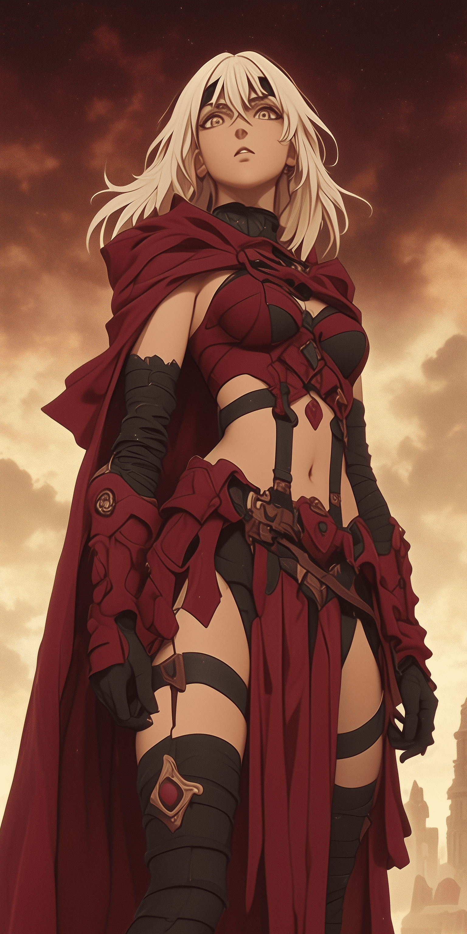 AI generated: A blonde woman with shoulder-length hair in the style of Akira Toriyama is wearing red armor and a c...