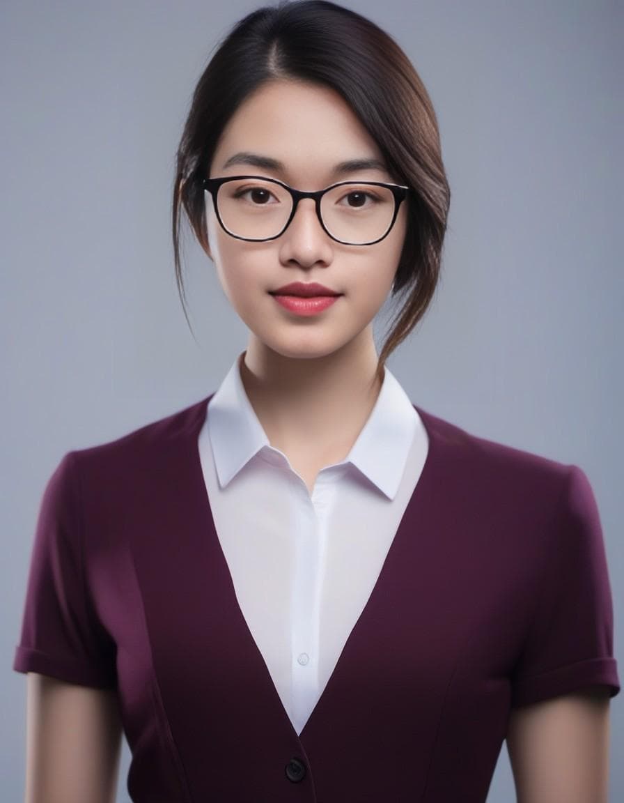 AI generated: young asian serious woman, shoulder-length black hair with 2 violet strands. dark red eyes, nerd, te...